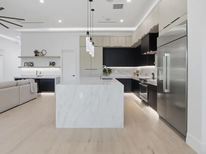 Modern kitchen with waterfall island